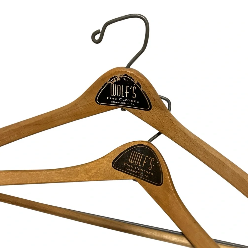 Vintage Wolf's Fine Clothes Charleroi Pa Advertising Wooden MCM Suit Hangers